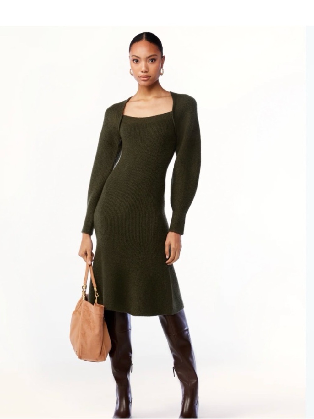 Scoop Square-Neck Knit Midi sweater Dress in Olive green